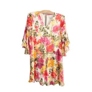 Calvin Klein dress Size 4 Sheer Floral A-Line Bell Sleeve V-Neck Fast Shipping